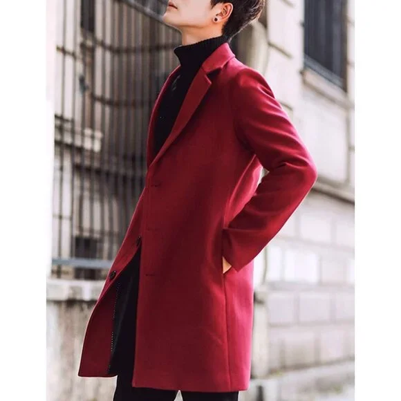 Men's Red Wool Blend Pea Coat Notched Collar Single Breasted Overcoat